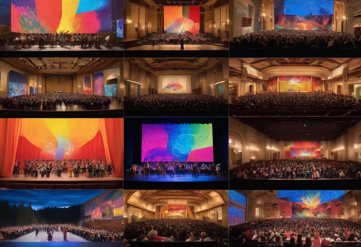 A vibrant collage showcasing local artists and performers in action on the stage of Mount Baker Theater, with colorful banners displaying upcoming shows. The audience is captivated, with an artistic flair illuminating the scene. Include abstract art elements and a backdrop of the theater's iconic architecture. super-realistic. vibrant colors. dynamic composition.