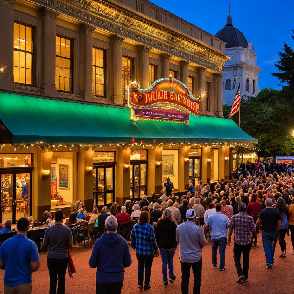 A vibrant outdoor scene at Mount Baker Theater showcasing a diverse crowd celebrating local artists. Colorful banners and artwork displayed throughout, with musicians playing and dancers performing. The iconic theater building in the background, illuminated with warm lights. Include a lively atmosphere filled with joy and creativity. super-realistic. vibrant colors. evening setting.