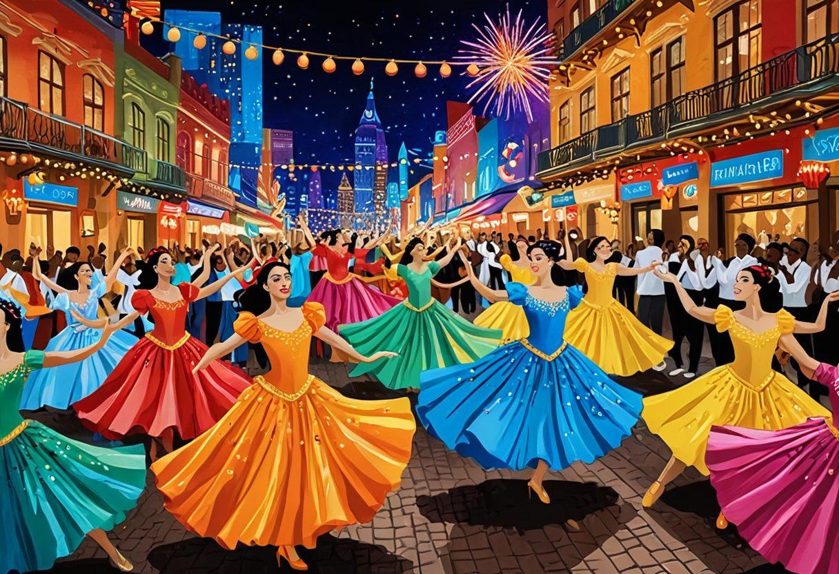 A vibrant collage showcasing diverse live performances including a captivating dance show, live music band, and a dramatic theatrical scene. Incorporate a background filled with lively audiences enjoying the shows, adorned with bright lights and cultural decorations. Add elements representing various cultures, such as colorful costumes and instruments. The overall atmosphere should feel energetic and inviting, celebrating arts and culture. painting. vibrant colors. dynamic composition.